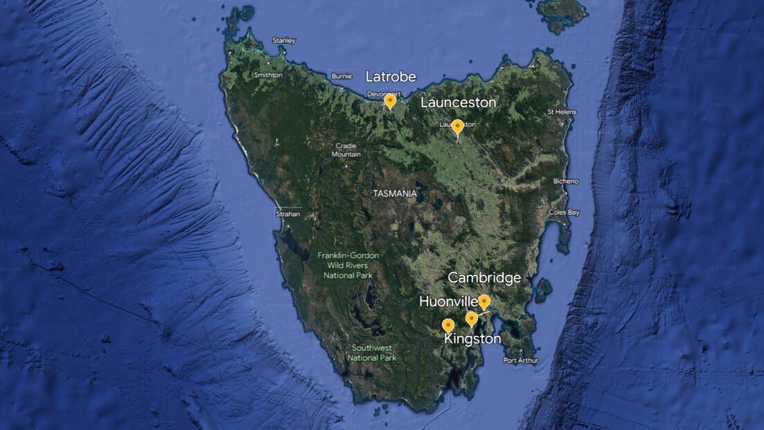 The top five animal collision hotspots in Tasmania; Kingston, Launceston, Cambridge, Huonville and Latrobe. Picture by Google Earth