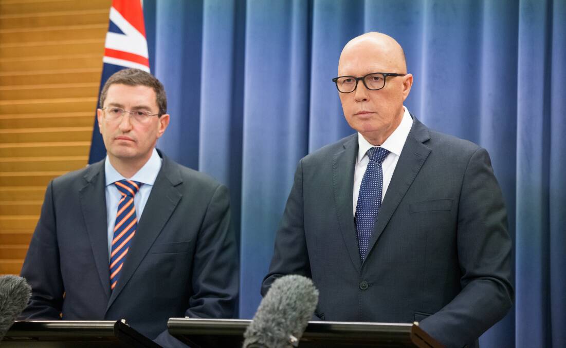 Shadow Minister for Indigenous Australians Julian Leeser and Opposition Leader Peter Dutton. Picture by Sitthixay Ditthavong