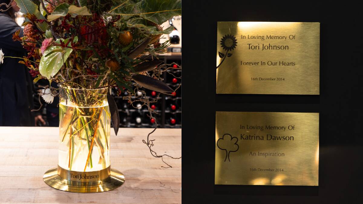 Tributes in the store to Tori Johnson and Katrina Dawson who were killed in the 2014 Lindt Cafe siege. Pictures by Dan Murphys