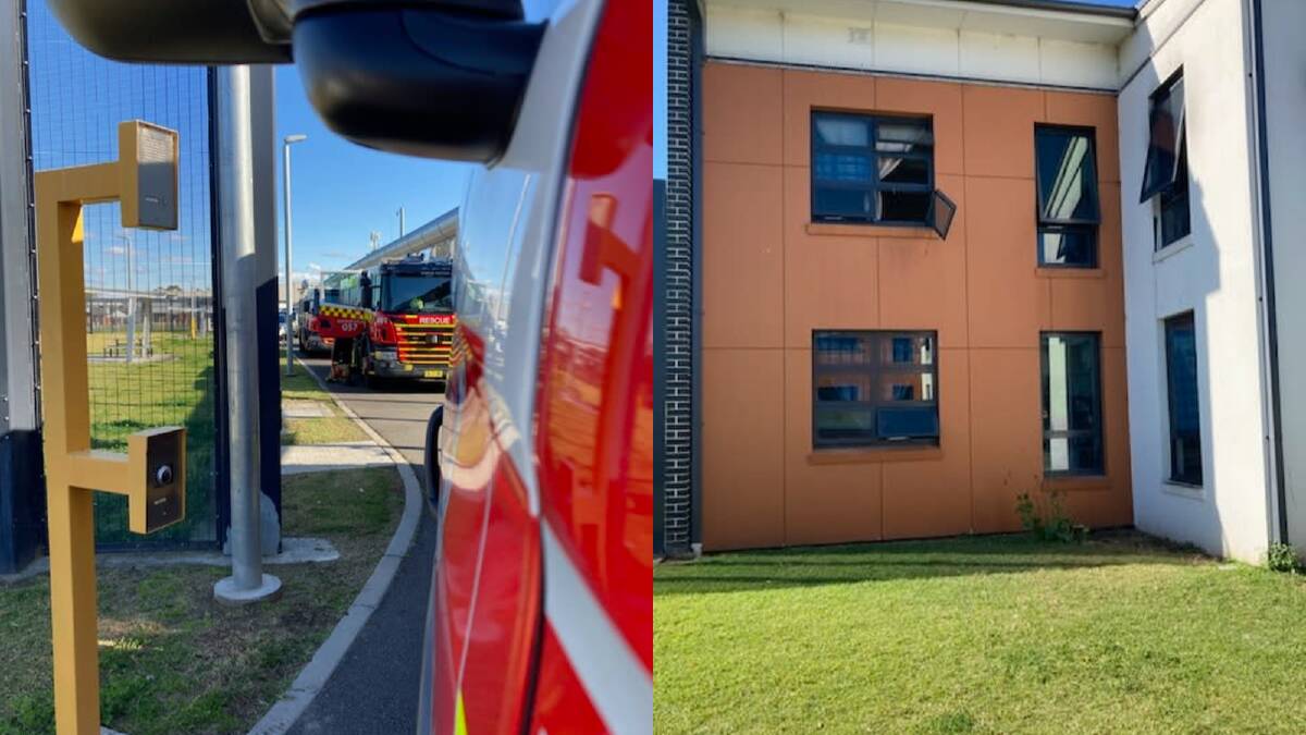 More than 40 firefighters were called to the centre and, right, windows kicked out as detainees fled the fire. Pictures by Fire and Rescue NSW