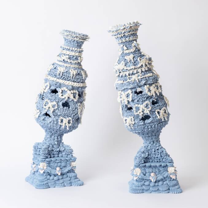 Ebony Russell ceramic 'Indecorum - In Confidence Vase & Pedestal Set'.