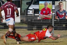 Singleton young guns Gabe Stafa, pictured diving in for a try, Jack Smyth (inset left) and Jai Davies (inset right). 