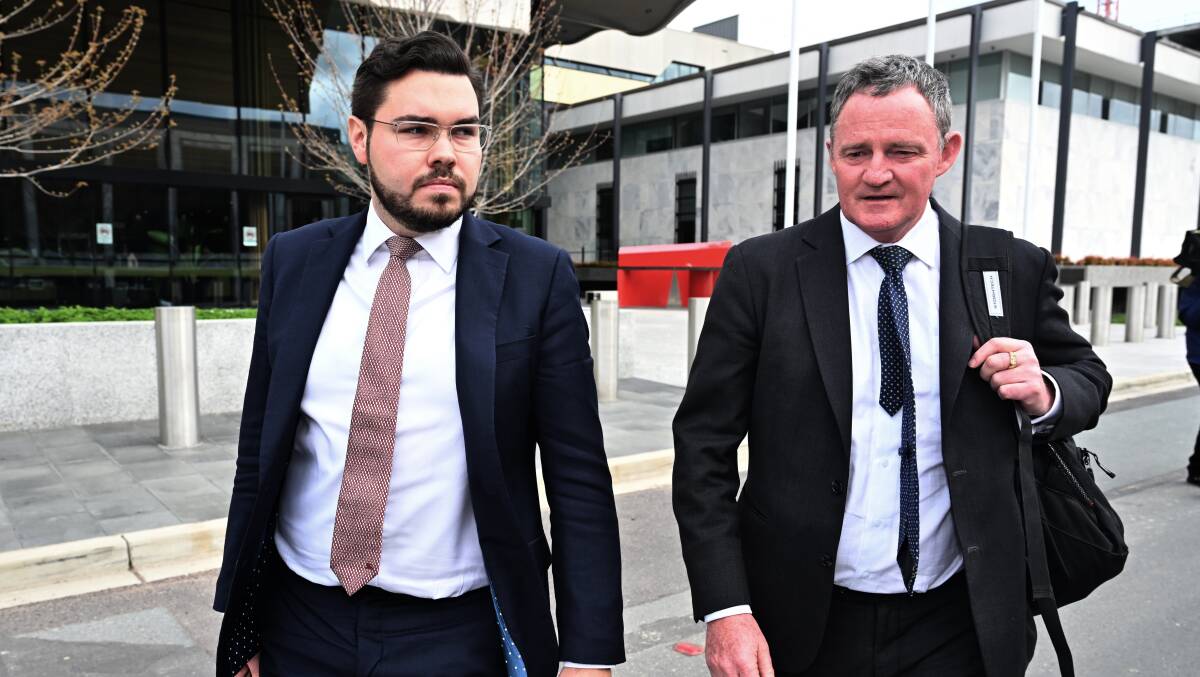 Bruce Lehrmann, left, leaves court with barrister Steven Whybrow on Monday. Picture AAP
