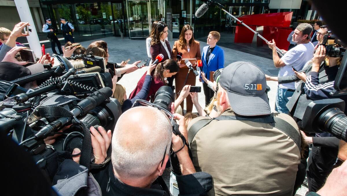 Brittany Higgins speaks to media outside court on Thursday. Picture by Karleen Minney