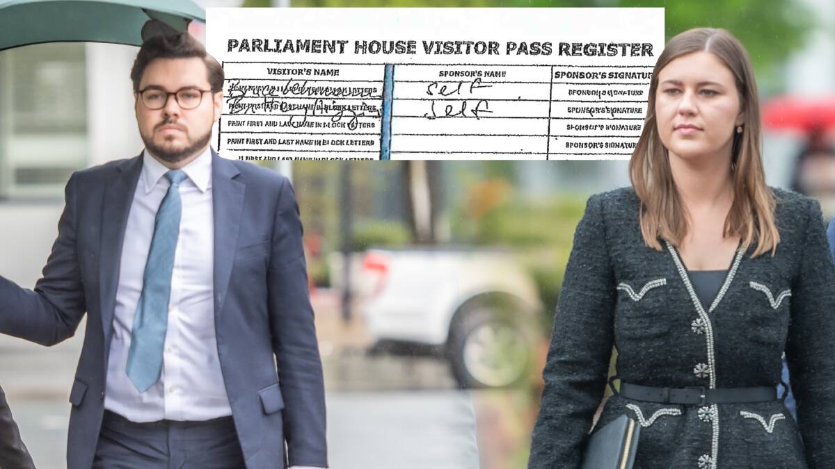 The names of Bruce Lehrmann, left, and Brittany Higgins, right on a Parliament House visitor log from the morning of the alleged rape. Pictures by Karleen Minney, supplied