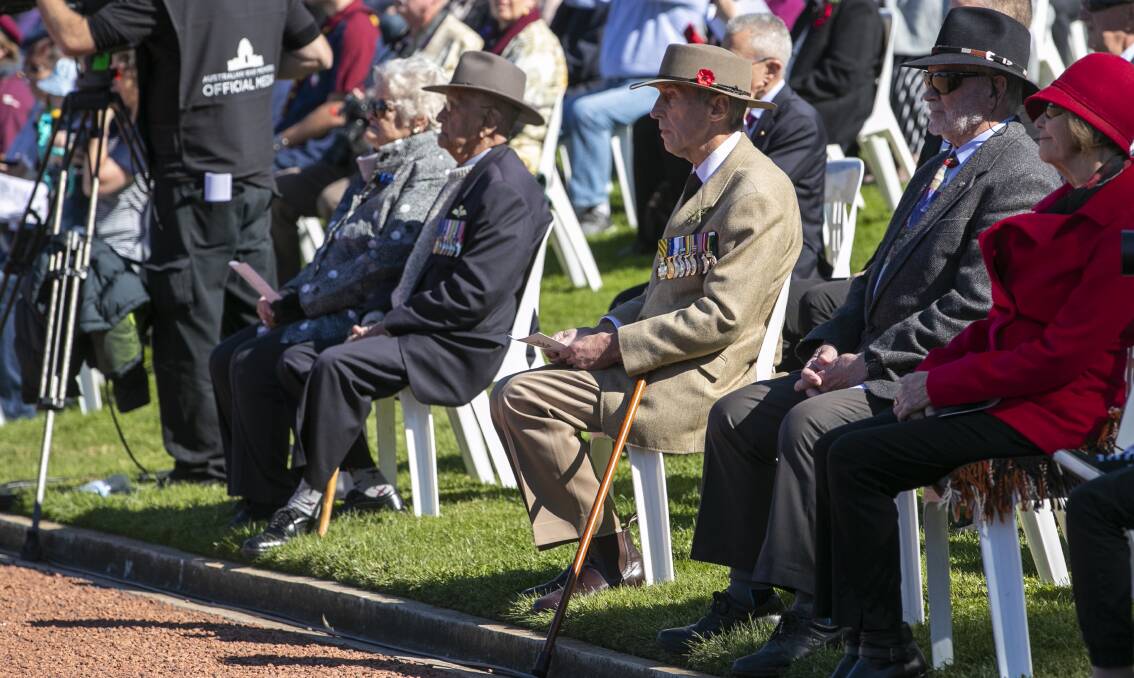 Veterans observe the national ceremony at the Australian War Memorial. Picture: Keegan Carroll