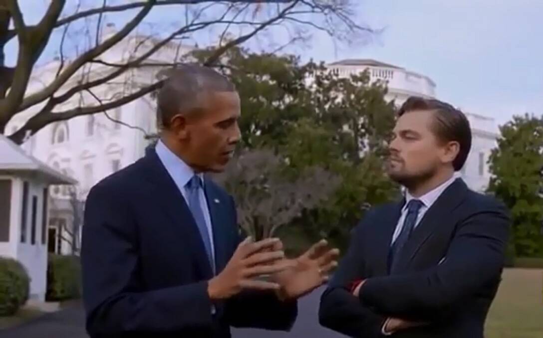 Activist: Actor Leonardo DiCaprio and former US president Barack Obama in Before the Flood. DiCaprio is helping a Barrington Tops sanctuary. 
