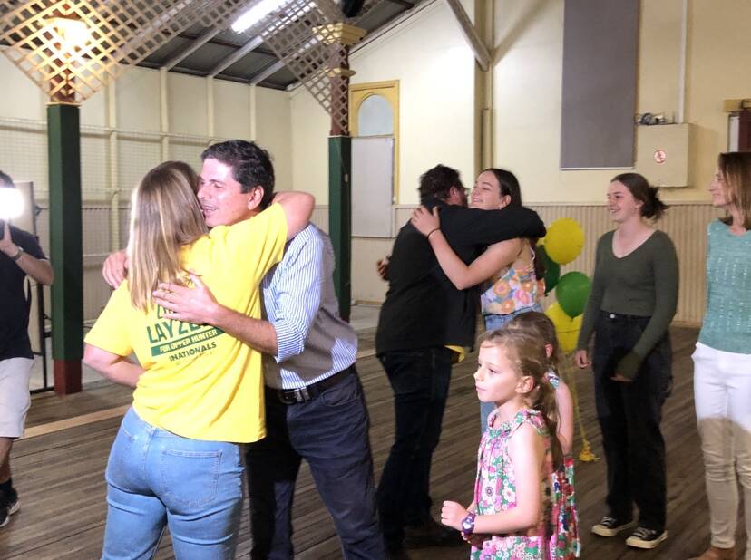 Nationals MP Dave Layzell and family are welcomed to their election night gathering, with both he and his Labor challenger Peree Watson both awaiting the outcome of their battle for the very marginal seat of Upper Hunter. Picture by Matt Kelly