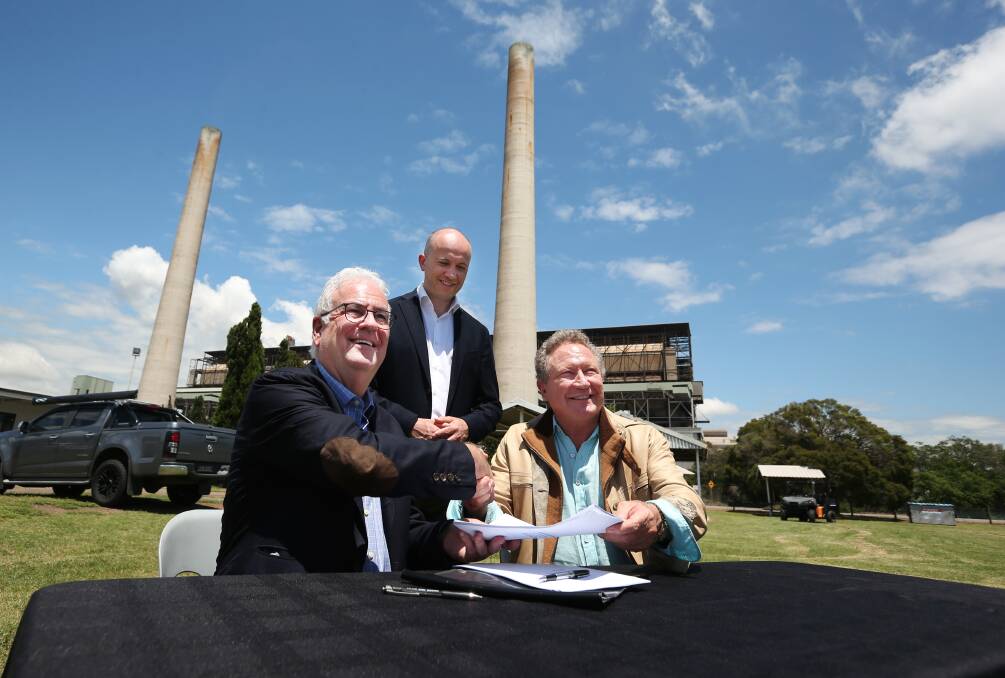 GREEN DREAM: AGL head Graeme Hunt, NSW Treasurer and Energy Minister Matt Kean and Fortescue head Andrew 'Twiggy' Forrest announcing a green hydrogen feasibility study at Liddell power station in December. Picture: Simone De Peak