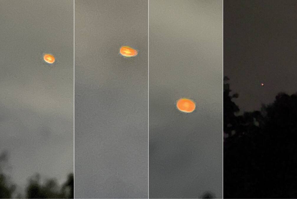 Three still photos from Ian Kirkwood's iPhone, and a still from a nine-second video he took after these pictures, as whatever it was flew out of view. He and a friend watched it move from overhead to the distant west, with no sound, and no navigation lights.