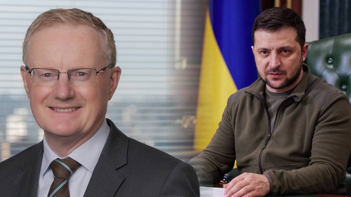 RBA governor Philip Lowe and Ukrainian President Volodymyr Zelenskyy. Pictures supplied, Shutterstock