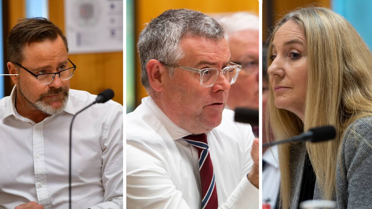 Greens senator Peter Whish-Wilson, left, Agriculture Minister Murray Watt and APVMA chief executive Lisa Croft. Pictures by Elesa Kurtz