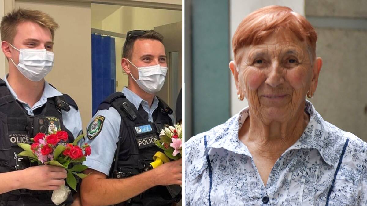 Police officers distribute the stolen flowers at hospital, and Anka Popovich leaves Queanbeyan Courthouse on Monday. Pictures supplied and by Hannah Neale