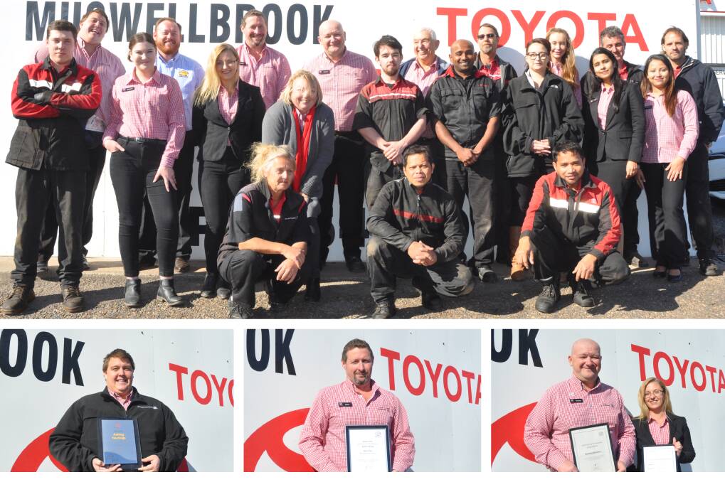 EXCITED: Clockwise from top; the Wideland Toyota Muswellbrook team; Parts Manager Andrew Wadwell and Service Advisor Tara Valle; new Fixed Operations Manager, Adam Ross; and Ashley Hastings with his Gold Leader Award.