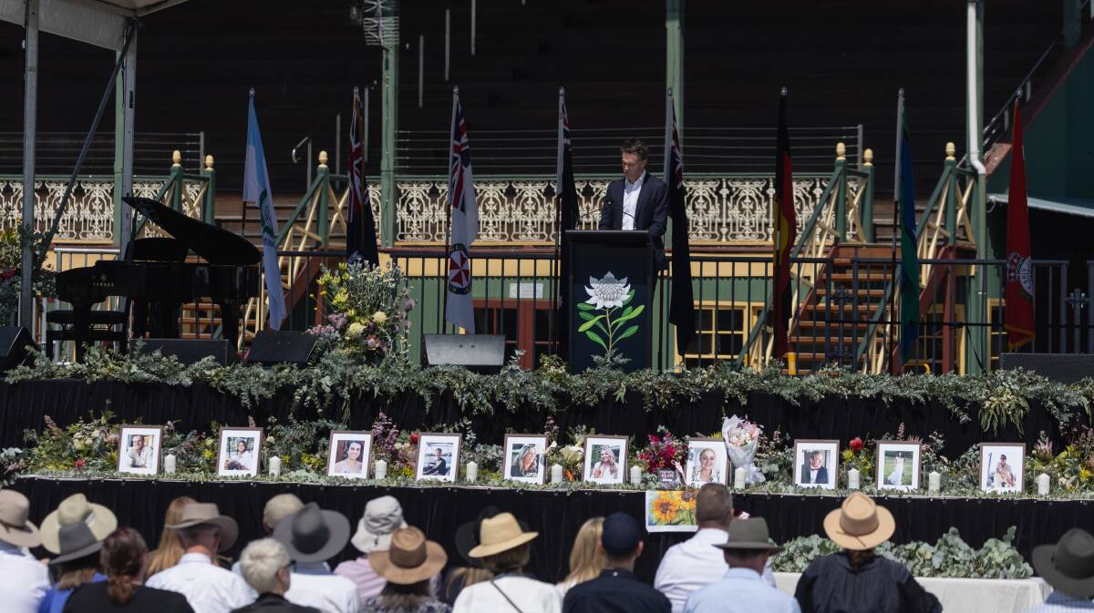 NSW Premier Chris Minns at the memorial service for the bus crash victims held at Singleton Showground in October 2023.