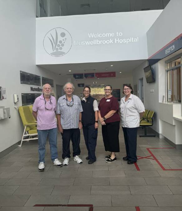 Brothers Noel and Peter Kingston with Muswellbrook Hospital's Jordan Betterridge, clinical nurse manager, Cate Hollis, Health Services manager and Sharon Eriksson, nurse unit manager. 