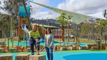 Singleton Councils Parks Management Officer Mitch Moy with Coordinator Recreation and Facilities Amanda McMahon at the new Lake St Clair playground. Picture supplied