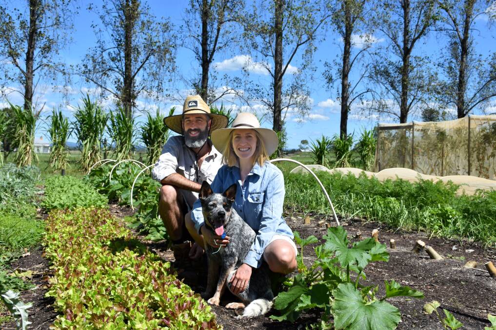 Jo Lynch and Harriet Bell and Pepper in their no till market garden on the Lorn Rose Farm near Maitland. The farm received 250mm in a week but remained productive. 