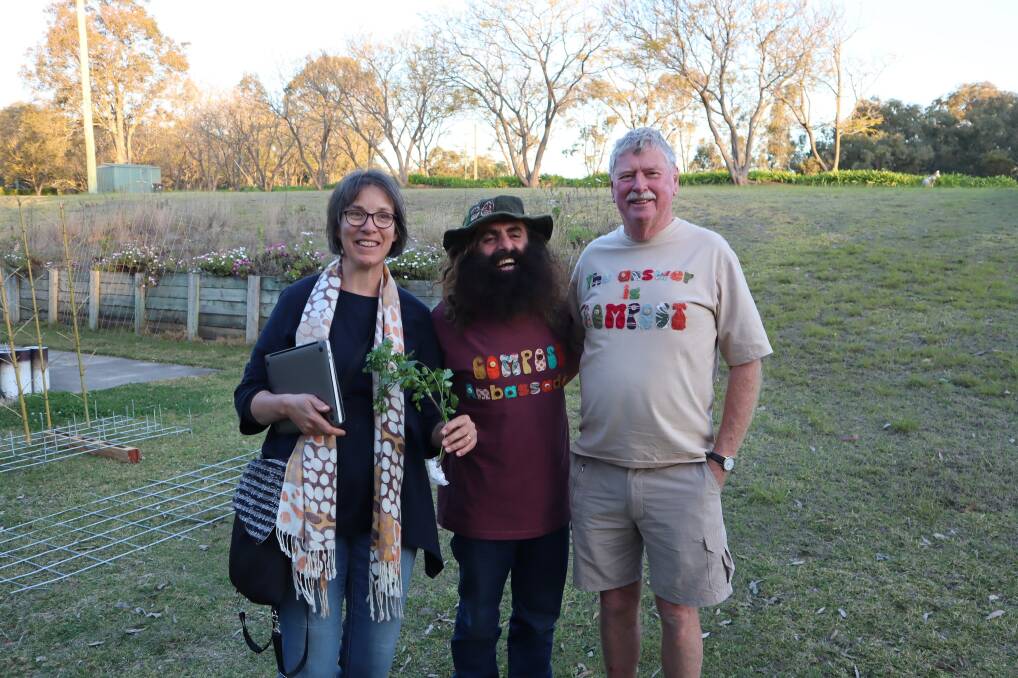 Jan Fallding, Costa Georgiadis and Jim Gauld. Costa visited Singleton to promote the Edible Garden Trail.