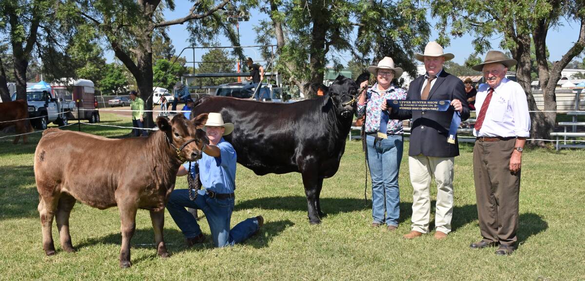 Supreme exhibit Errowanbang Black Diamond led by Lyn Richards, her calf is held by Riley Burgin also pictured judge Travis Worth and Ted George. 