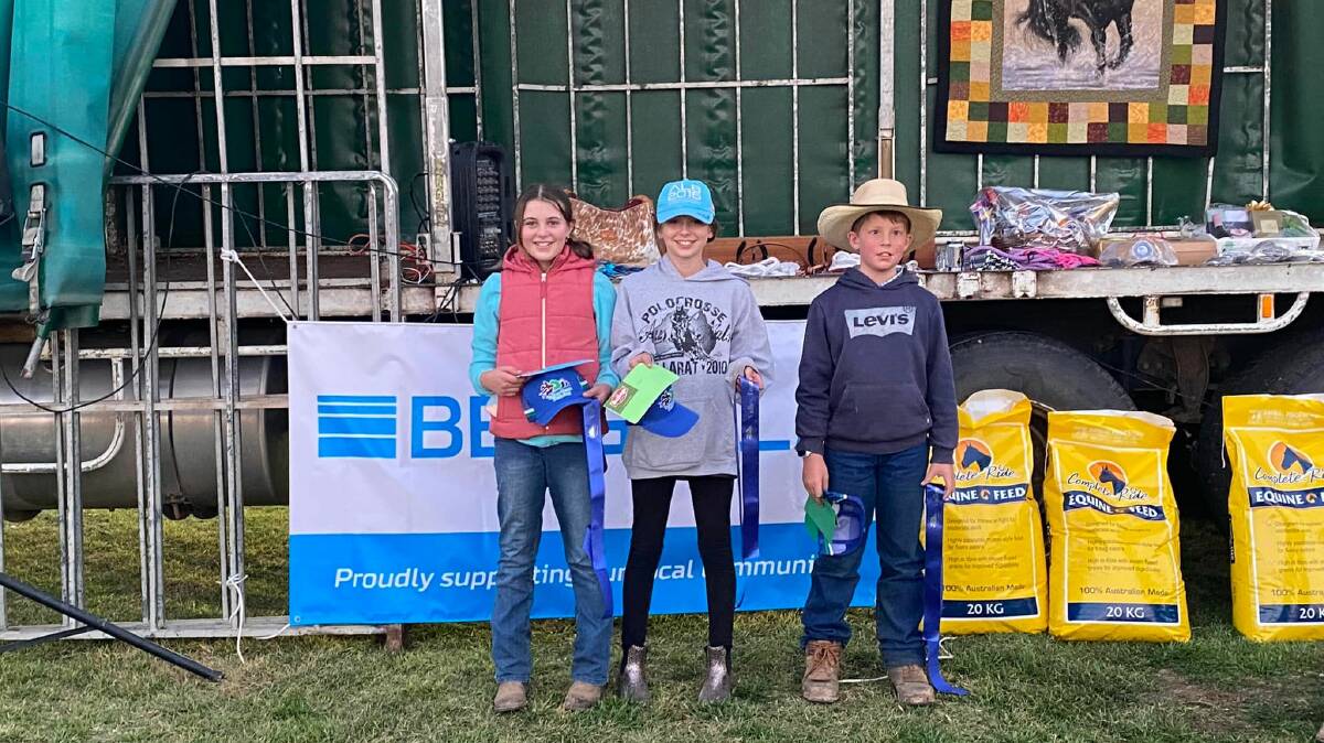 BLUE RIBBON: Youth Team Penning first placegetters Ella Granger, Pippa Thompson, Cooper Chesworth. Photo supplied.