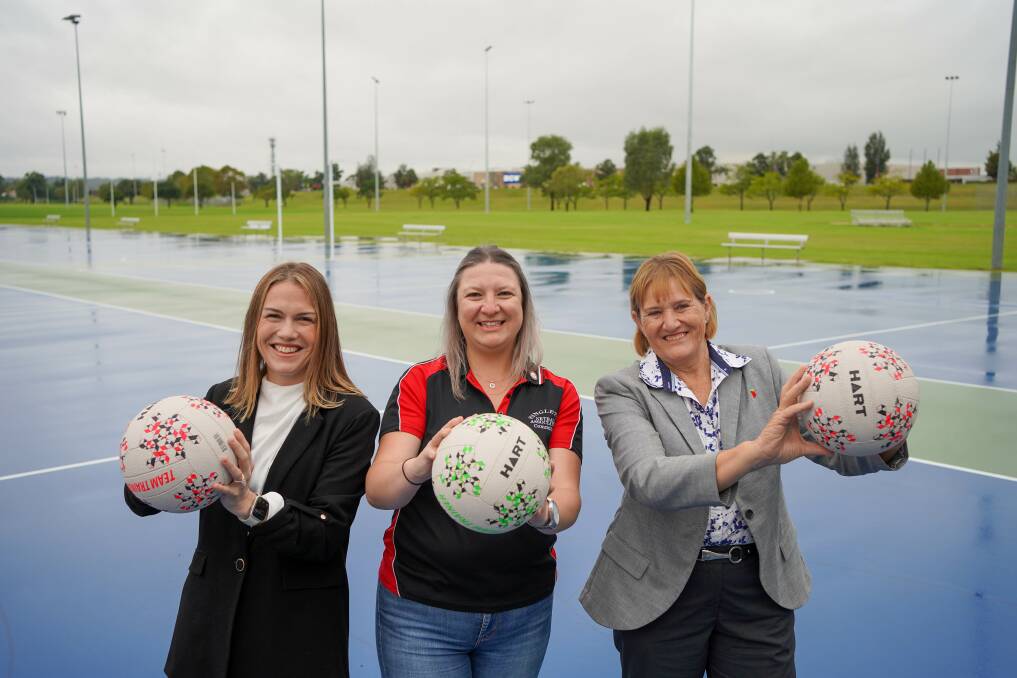 Emily Suvaal MLC, Singleton Netball Association president Alex Bailey and Singleton Mayor, Cr Sue Moore at the new Singleton netball courts. Picture supplied