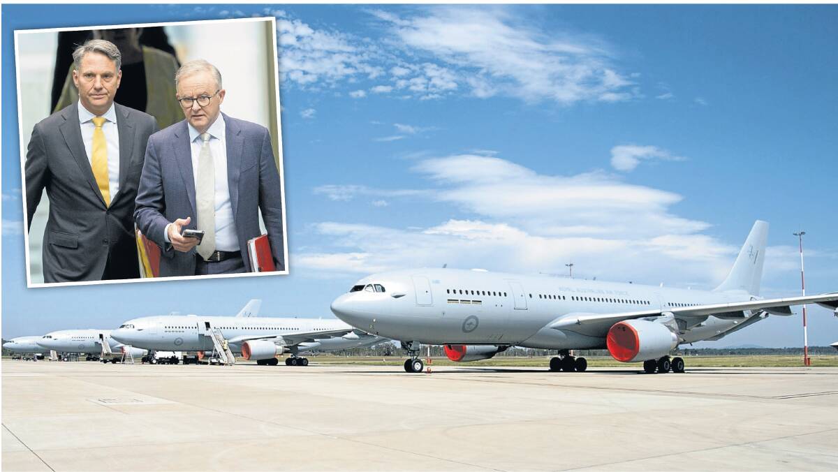 A330 MRTT tankers; and inset, Richard Marles and Anthony Albanese. Pictures Department of Defence, Sitthixay Ditthavong