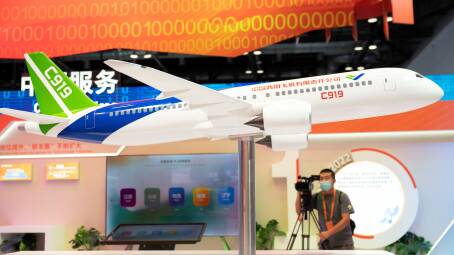 A model of C919 passenger aircraft is seen during a media preview of the 2022 China International Fair for Trade in Services last month. Picture Getty Images