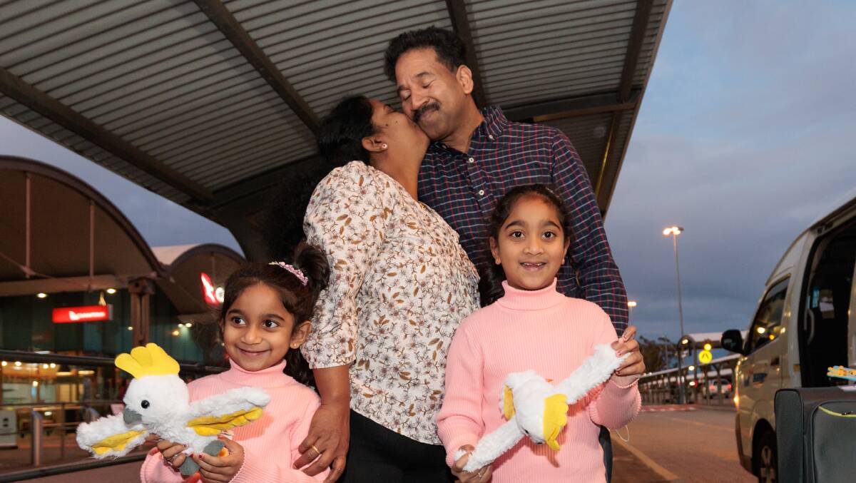 Priya and Nade Nadesalingam and their daughters Kopika and Tharnicaa are heading home to Biloela. Picture: AAP Priya and Nade Nadesalingam and their daughters Kopika and Tharnicaa are heading home to Biloela. Picture: AAP
