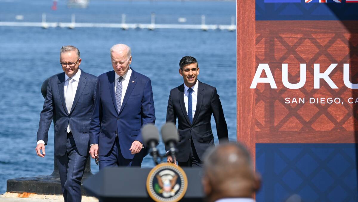 Anthony Albanese, Joe Biden and Rishi Sunak arrive in San Diego for AUKUS talks. Picture Getty Images