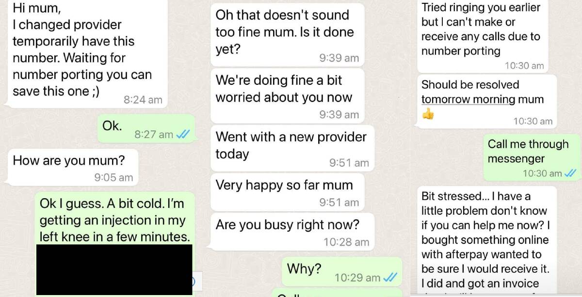 The very real exchange scammers had with my mum. Thankfully she couldn't be fooled. Picture: Supplied.