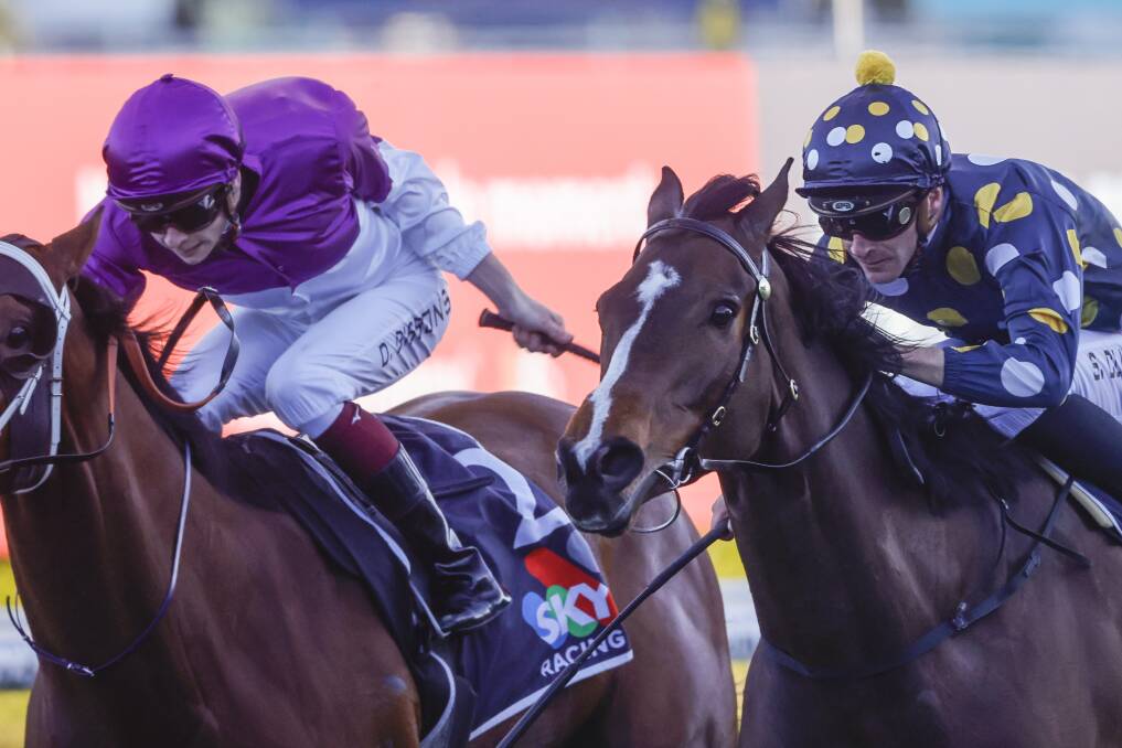 CASHING IN: Sam Clipperton on Casino Kid, right, move past the David Atkins-trained Contributingfactor to win on Saturday. Picture: Getty Images