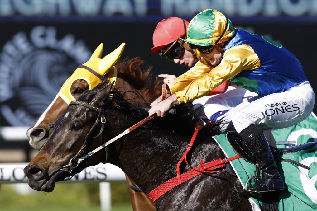 PUSHED OUT: The Rod Northam-trained Bootscooter gets the nose in front of Lisztomania at the finish of the Highway Handicap on Saturday. Picture: Getty Images