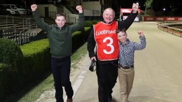 Dennis Barnes and his grandkids, Jock and Archie celebrate after Nangar Lucys Group 1 win earlier this year. Picture Lachlan Naidu