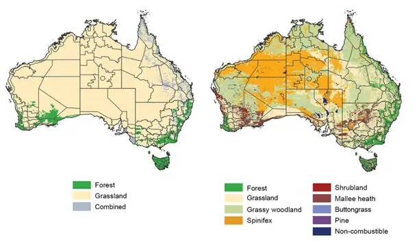 The new bushfire danger rating system has transitioned from the former two vegetation fuel types (left) to a new set of eight new models (right). Picture by the Australasian Fire and Emergency Service Authorities Council.
