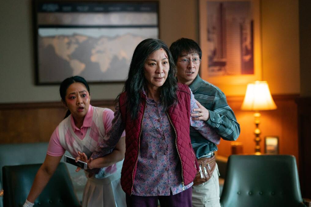 Stephanie Hsu, Michelle Yeoh and Ke Huy Quan in Everything Everywhere All At Once. Picture by A24