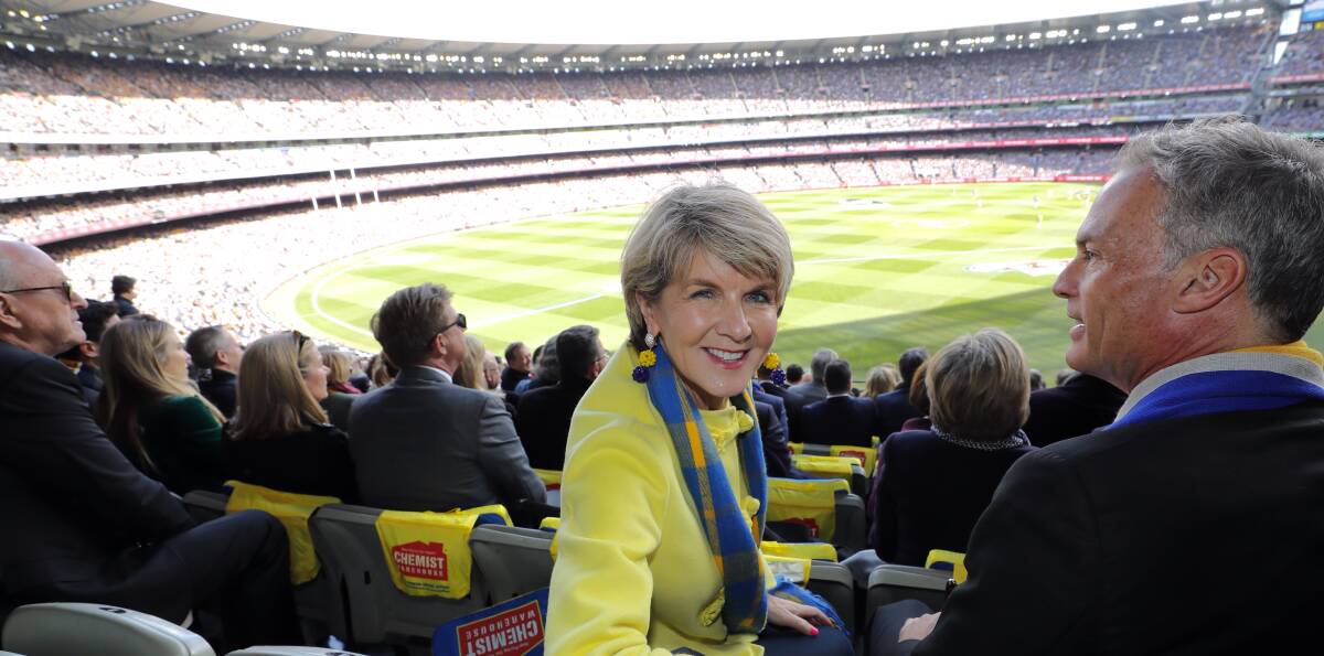 BUSINESS OR PLEASURE: Former foreign affairs minister Julie Bishop in Eagles colours. Picture: Jason South