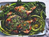 Barbecued chicken with charred greens and chimichurri. Picture by Steve Brown