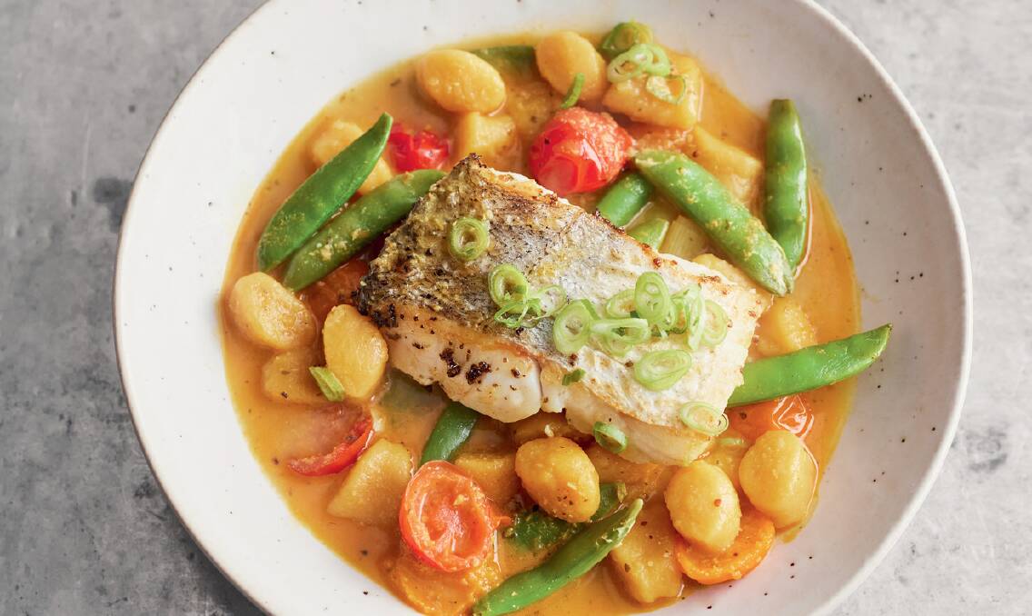 Fragrant fish stew with pumpkin dumplings, coconut, cherry tomatoes and sugar snap peas. Picture by David Loftux
