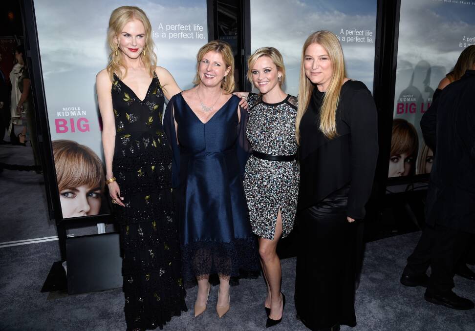 Liane Moriarty, second from left, with Nicole Kidman, Reese Witherspoon and Bruna Papandrea at the premiere of HBO's Big Little Lies in 2017. Picture: Getty Images