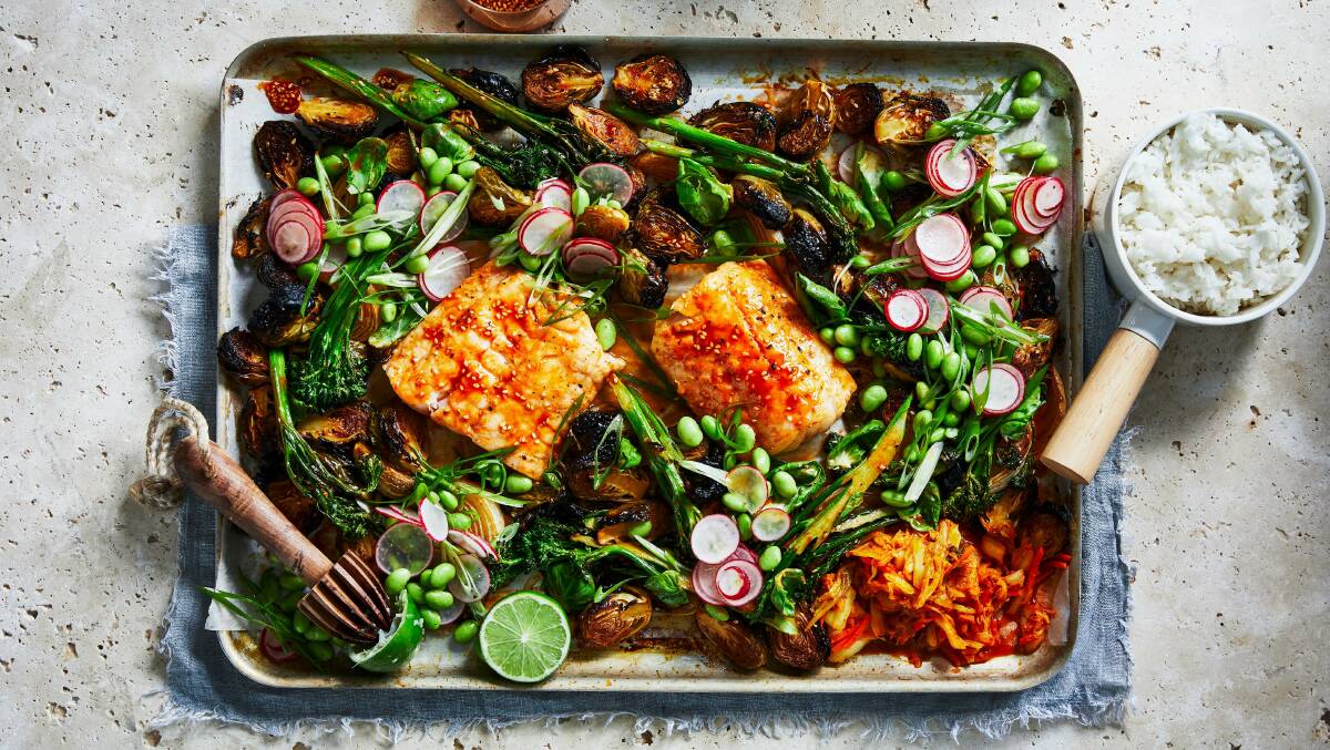 Gochujang fish and brussels sprouts tray bake. Picture: Supplied