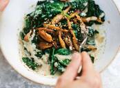 Charred breakfast kale with 'shrooms and ginger tahini. Picture: David Frenkiel
