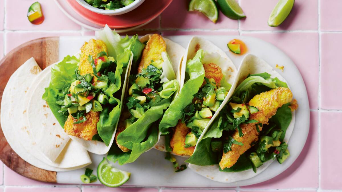 Crispy fish tacos with sweet chilli avocado salsa. Picture by Ben Dearnley