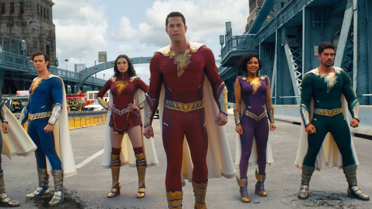 Zachary Levi, centre, and company in Shazam! Fury of the Gods. Picture supplied
