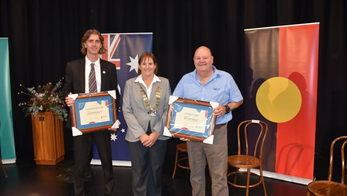 2023 Young Achiever of the Year Lachlan Fleming, Mayor Sue Moore and Citizen of the Year Mick McCardle. Photo Louise Nichols.