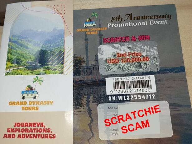 Scratchie scams will offer you an instant prize, but when you contact the trader to claim it, you will be asked to provide payment for various 'fees' via wire transfer or preloaded money card. Picture by @Scamwatch_gov via Twitter