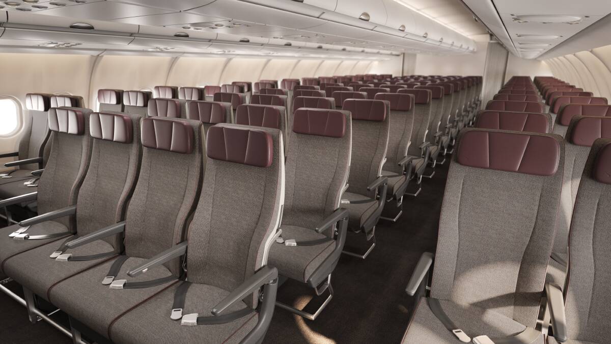Qantas A330 cabin upgrade showing new seats in economy class. Qantas A330 cabin upgrade showing new seats in economy class.