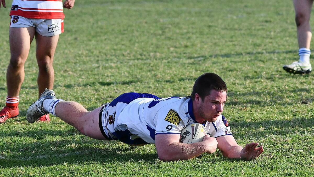 TRY TIME: Scone Thoroughbred Jake Collison touches down in the side's big 46-14 win over the Singleton Greyhounds. Pic: DAVID CASSON