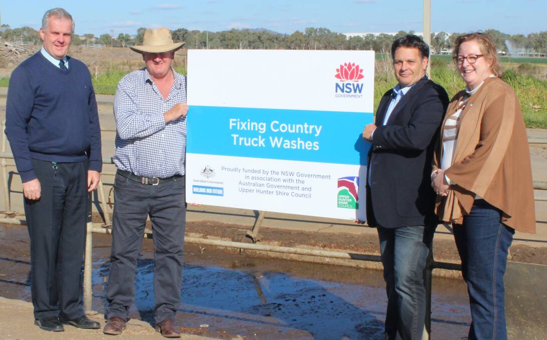 Upper Hunter Shire Council’s general manager Steve McDonald, deputy mayor Maurice Collison, mayor Wayne Bedggood, and council’s property and business coordinator Joanne McLoughlin at the Scone and Regional Saleyards for the start of ground work on the $11.8 million upgrade.