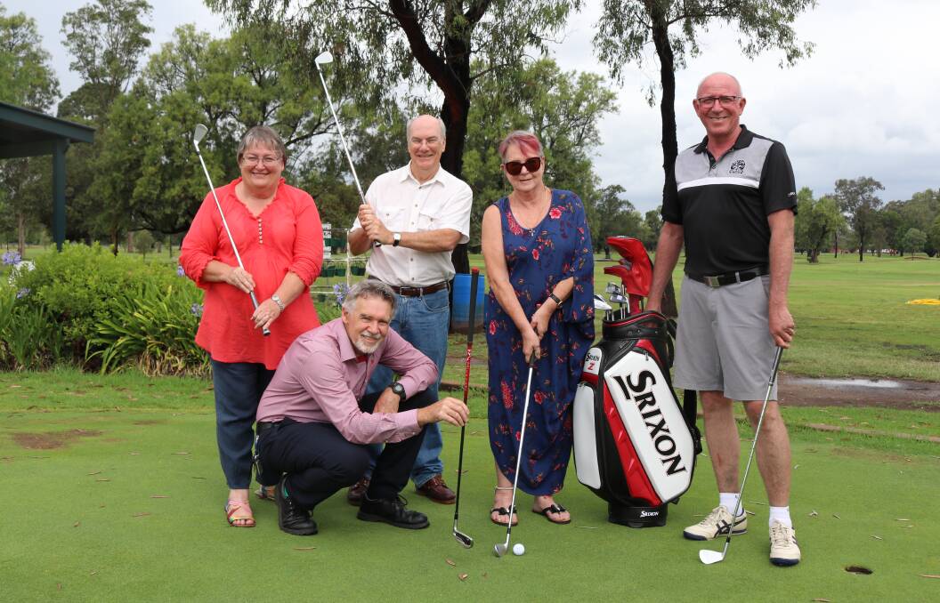 Singleton Seniors Festival committee member Sue George, Singleton Council’s community planner David Baker, David Dwyer and Kerry O’Keefe from U3A and Singleton Golf Club pro Les Bennett.